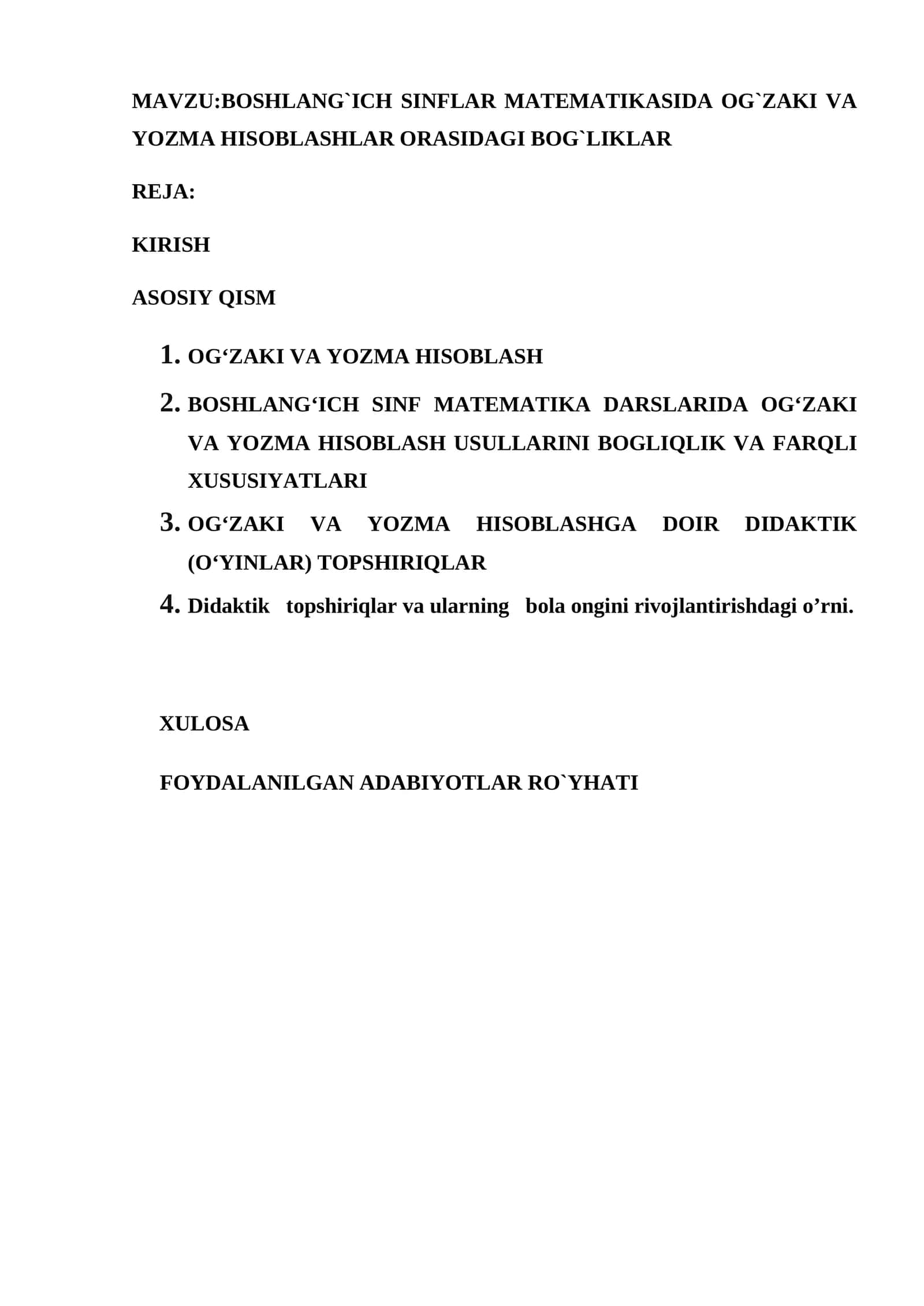 BOSHLANG`ICH SINFLAR MATEMATIKASIDA OG`ZAKI VA YOZMA HISOBLASHLAR ORASIDAGI BOG`LIKLAR