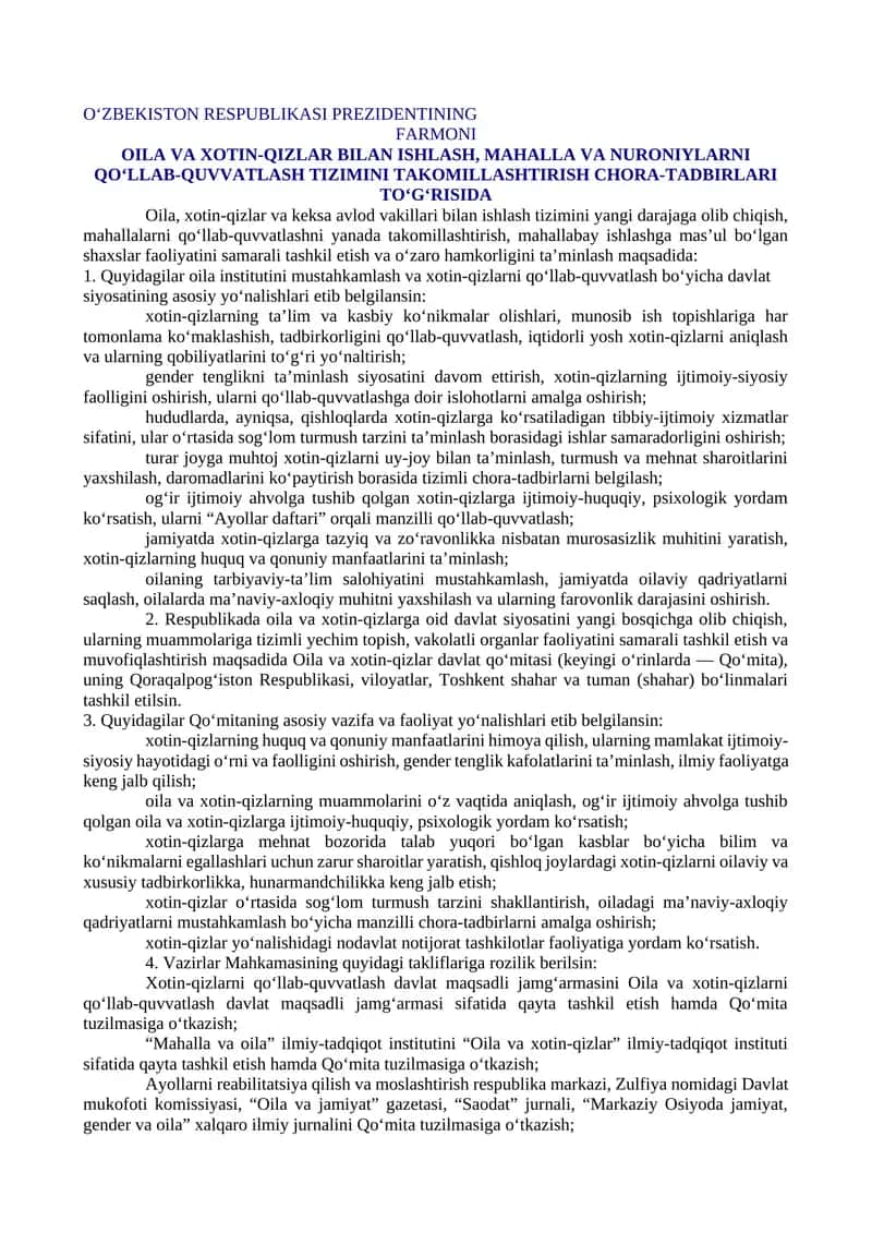 OILA VA XOTIN-QIZLAR BILAN ISHLASH, MAHALLA VA NURONIYLARNI QO‘LLAB-QUVVATLASH TIZIMINI TAKOMILLASHTIRISH CHORA-TADBIRLARI TO‘G‘RISIDA