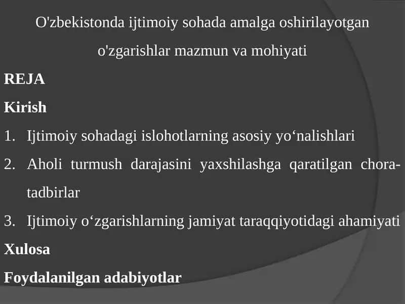Ijtimoiy soha va amalga oshirilayotgan o'zgarishlar: mazmuni va mahiyati