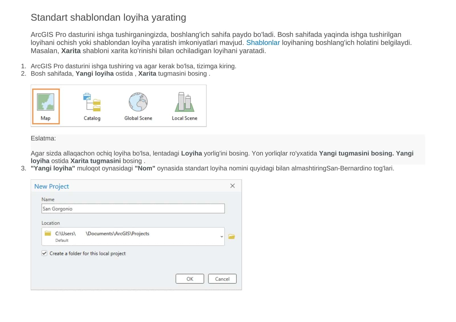 Standart ArcGIS Pro loyiha shablonlari