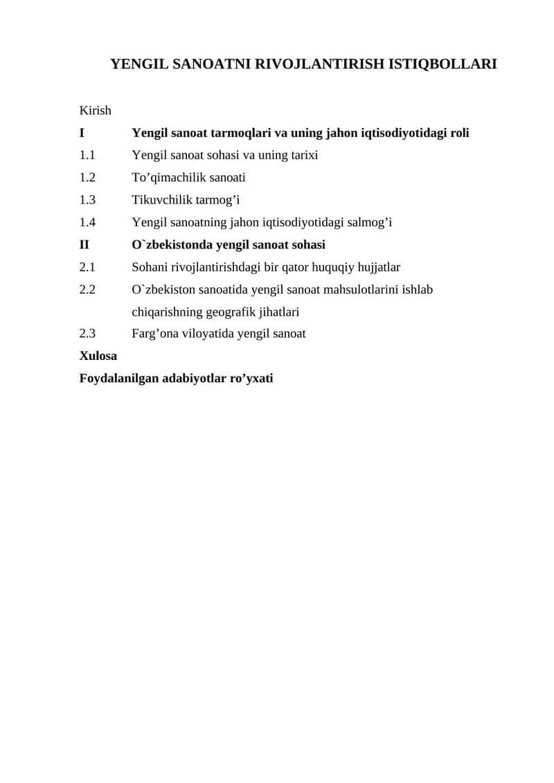YENGIL SANOATNI RIVOJLANTIRISH ISTIQBOLLARI