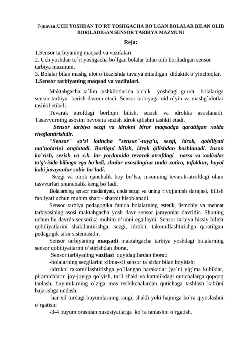 UCH YOSHDAN TO`RT YOSHGACHA BO`LGAN BOLALAR BILAN OLIB BORILADIGAN SENSOR TARBIYA MAZMUNI