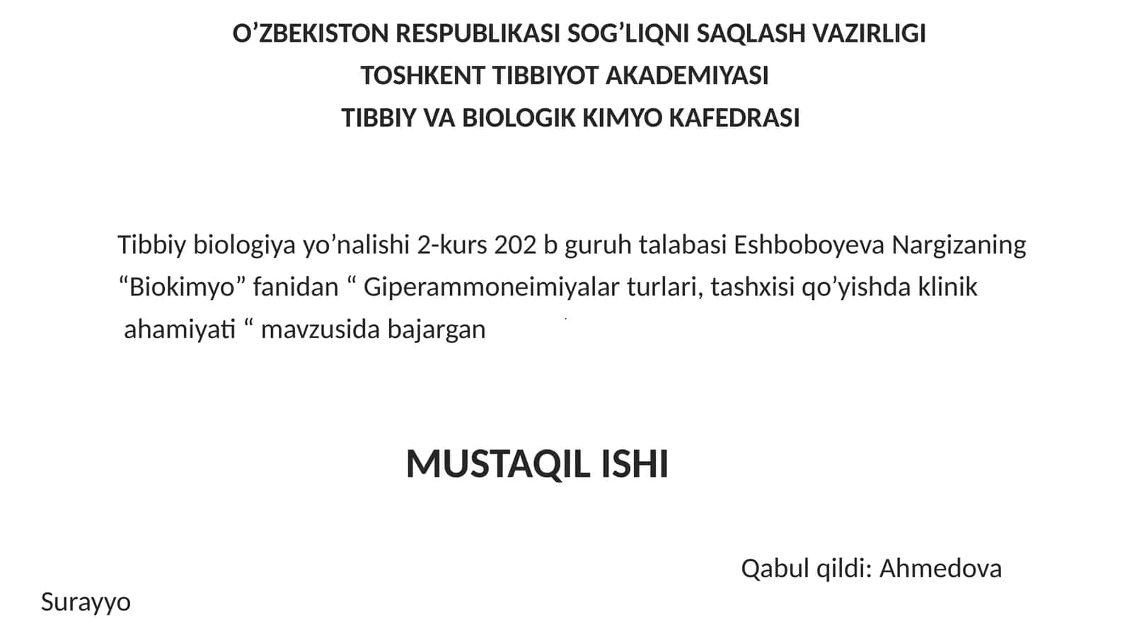 Giperammoneimiyalar turlari,tashxisi qo’yishda klinik ahamiyati