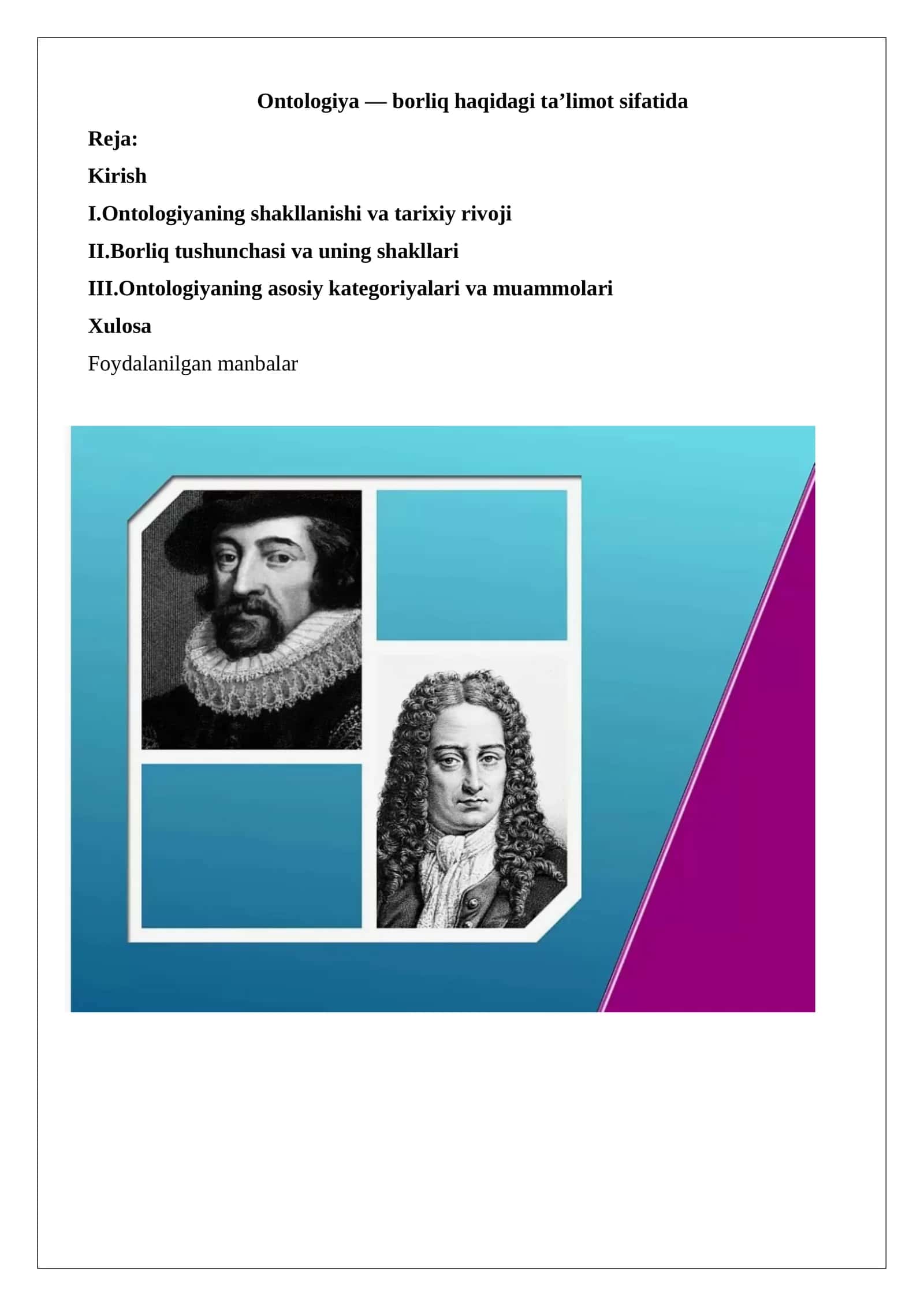 Ontologiya — borliq haqidagi ta’limot sifatida