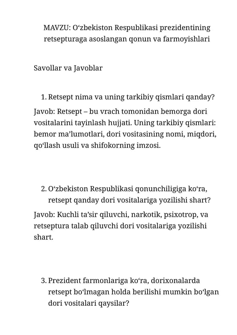 O‘zbekiston Respublikasi prezidentining retsepturaga asoslangan qonun va farmoyishlari