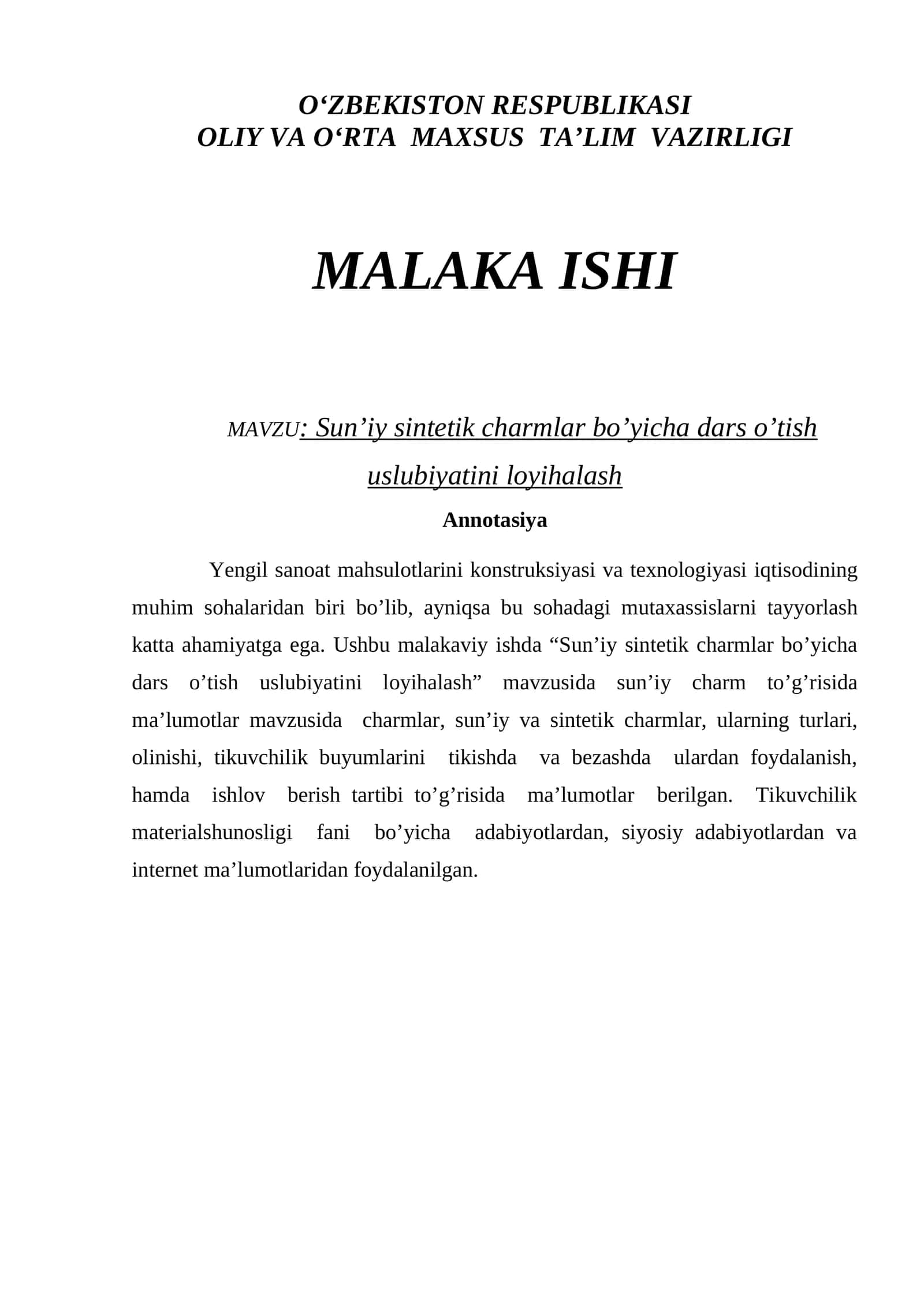 Sun’iy sintetik charmlar bo’yicha dars o’tish uslubiyatini loyihalash