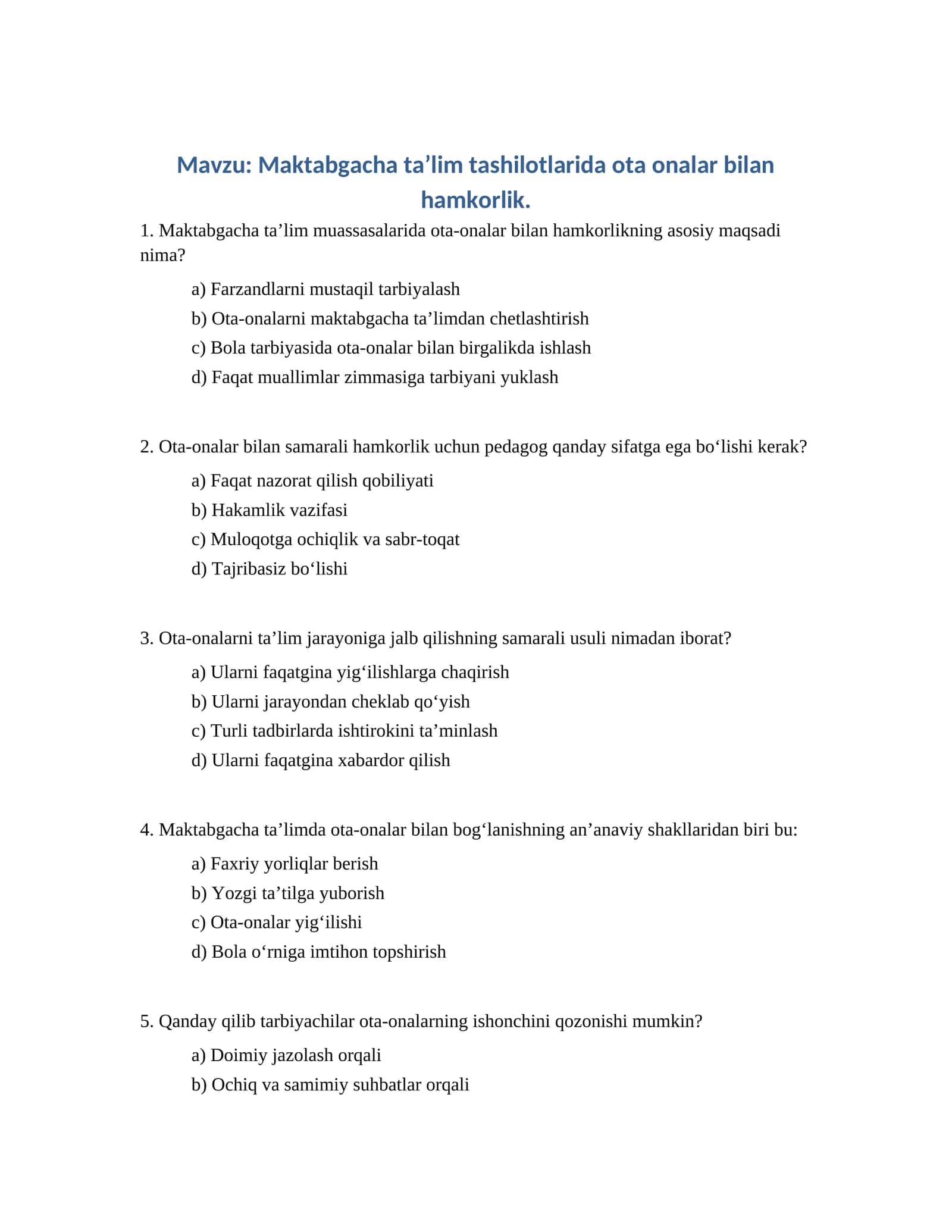 Maktabgacha taʼlim tashilotlarida ota onalar bilan hamkorlik