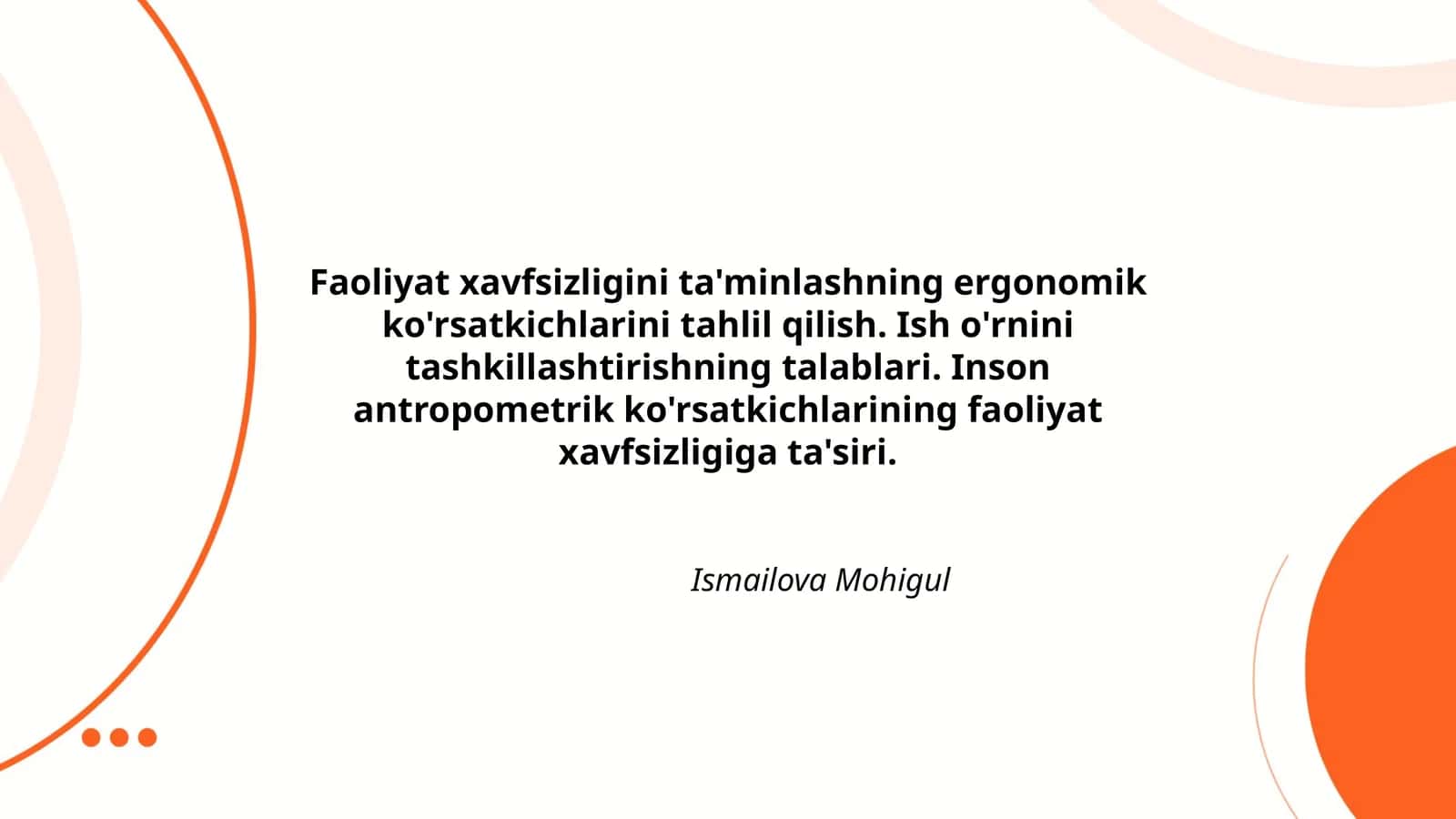 Faoliyat xavfsizligini ta'minlashning ergonomik ko'rsatkichlarini tahlil qilish