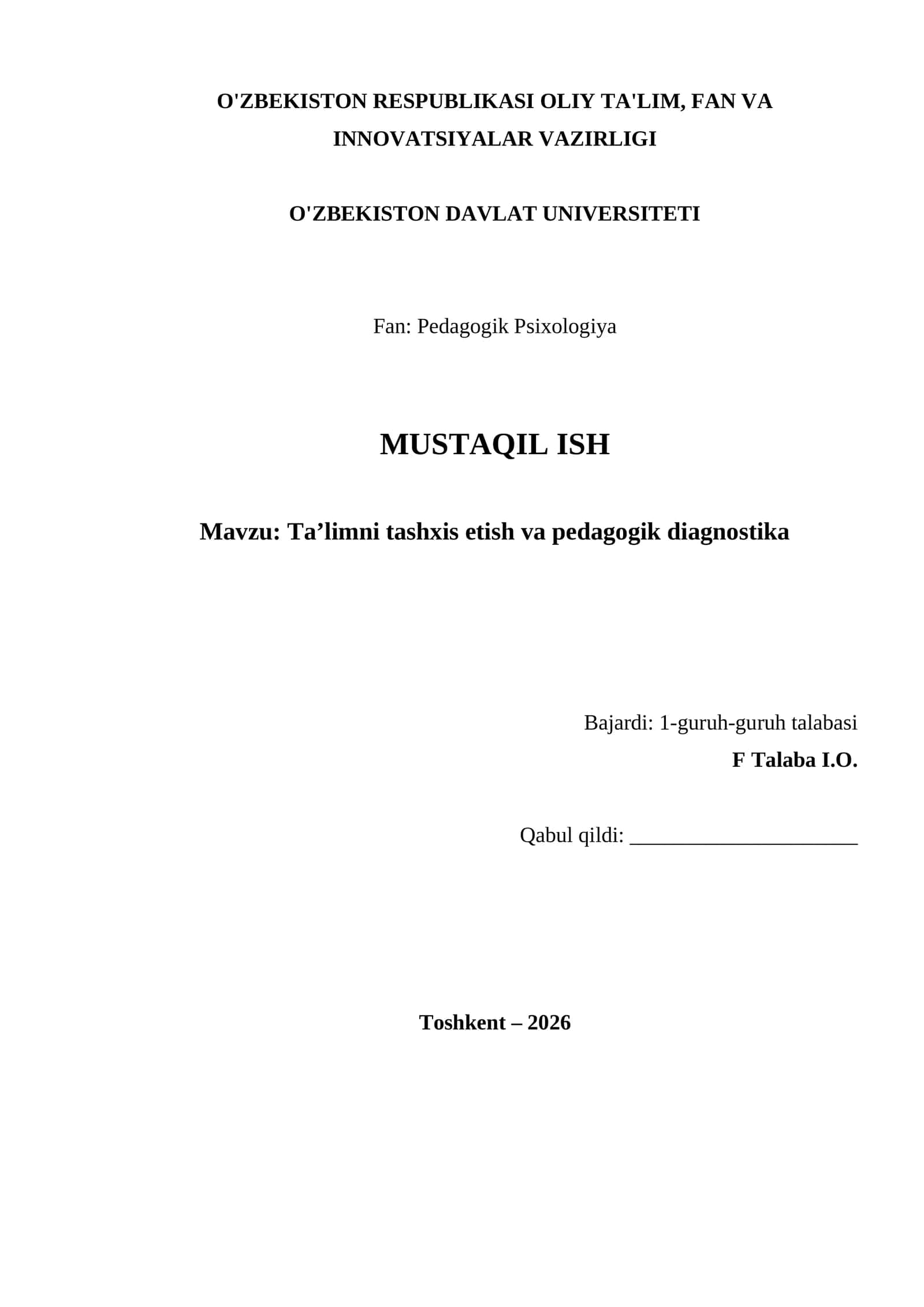 Ta’limni tashxis etish va pedagogik diagnostika