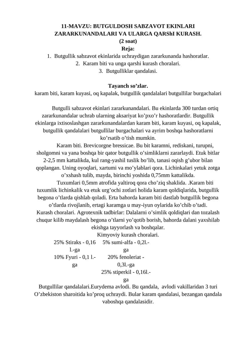 BUTGULDOSH SABZAVOT EKINLARI ZARARKUNANDALARI VA ULARGA QARShI KURASH