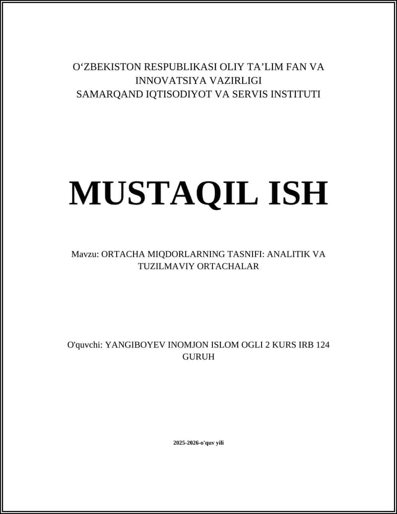 ORTACHA MIQDORLARNING TASNIFI: ANALITIK VA TUZILMAVIY ORTACHALAR