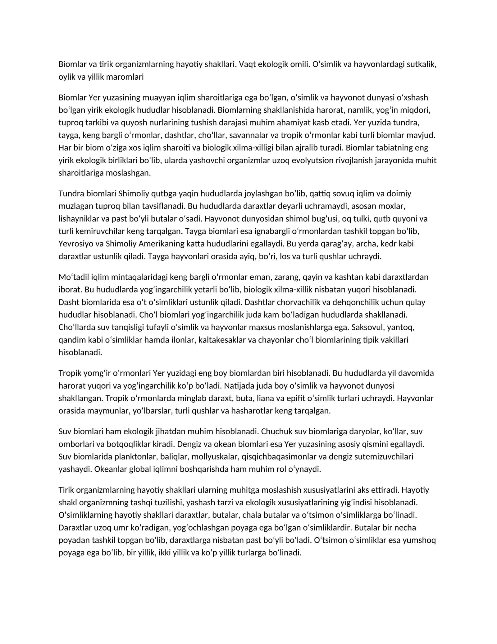 Biomlar va tirik organizmlarning hayotiy shakllari