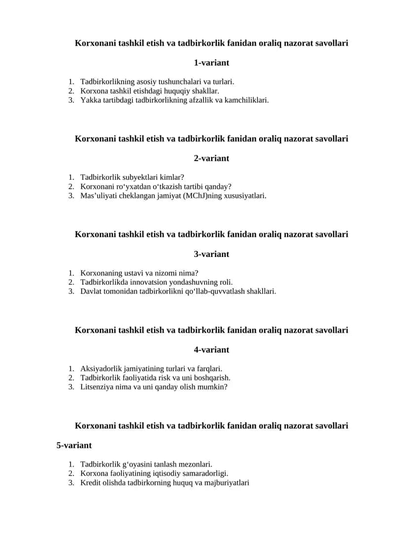 Korxonani tashkil etish va tadbirkorlik fanidan oraliq nazorat savollari
