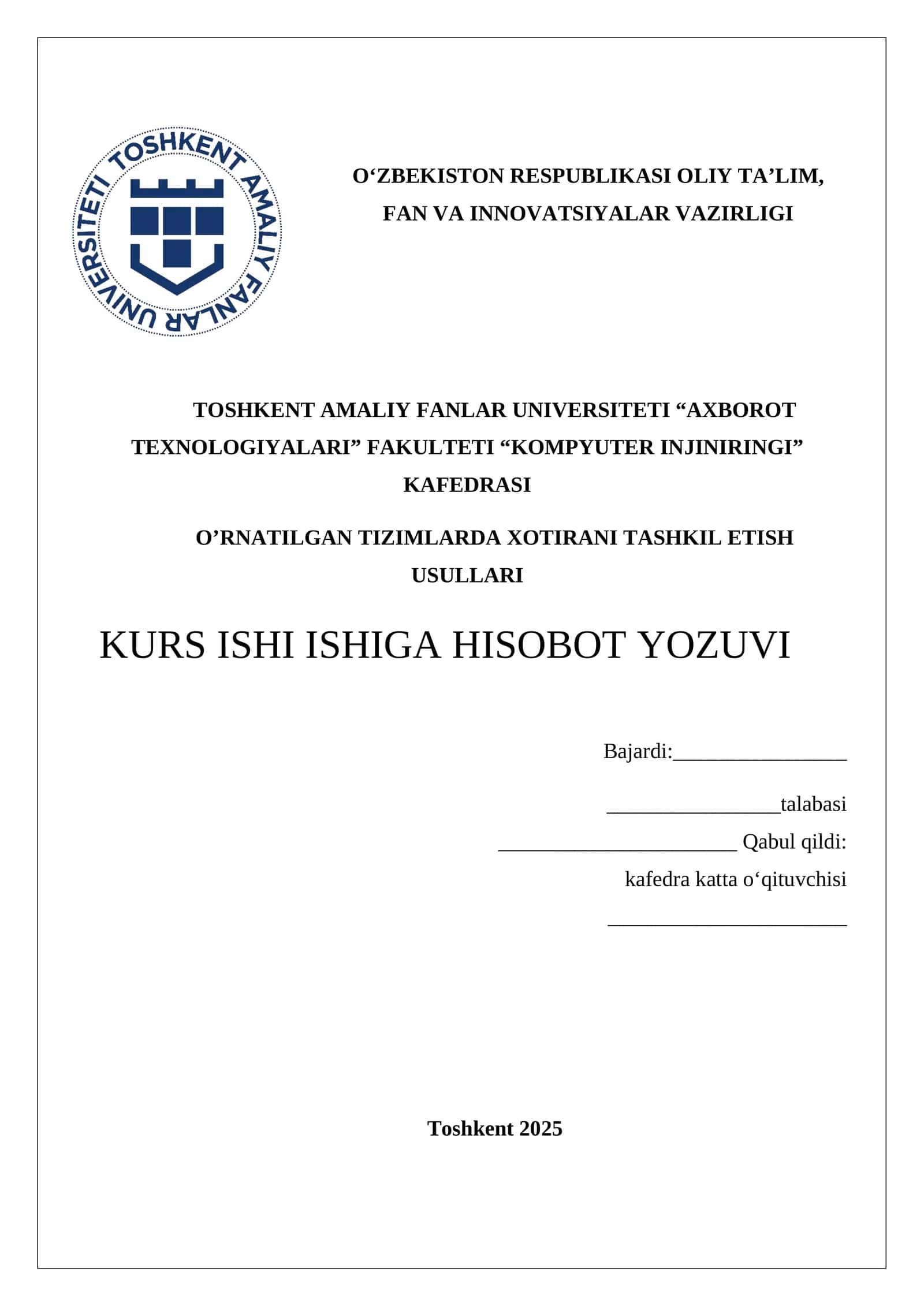 O‘RNATILGAN TIZIMLARDA XOTIRANI TASHKIL ETISH USULLARI