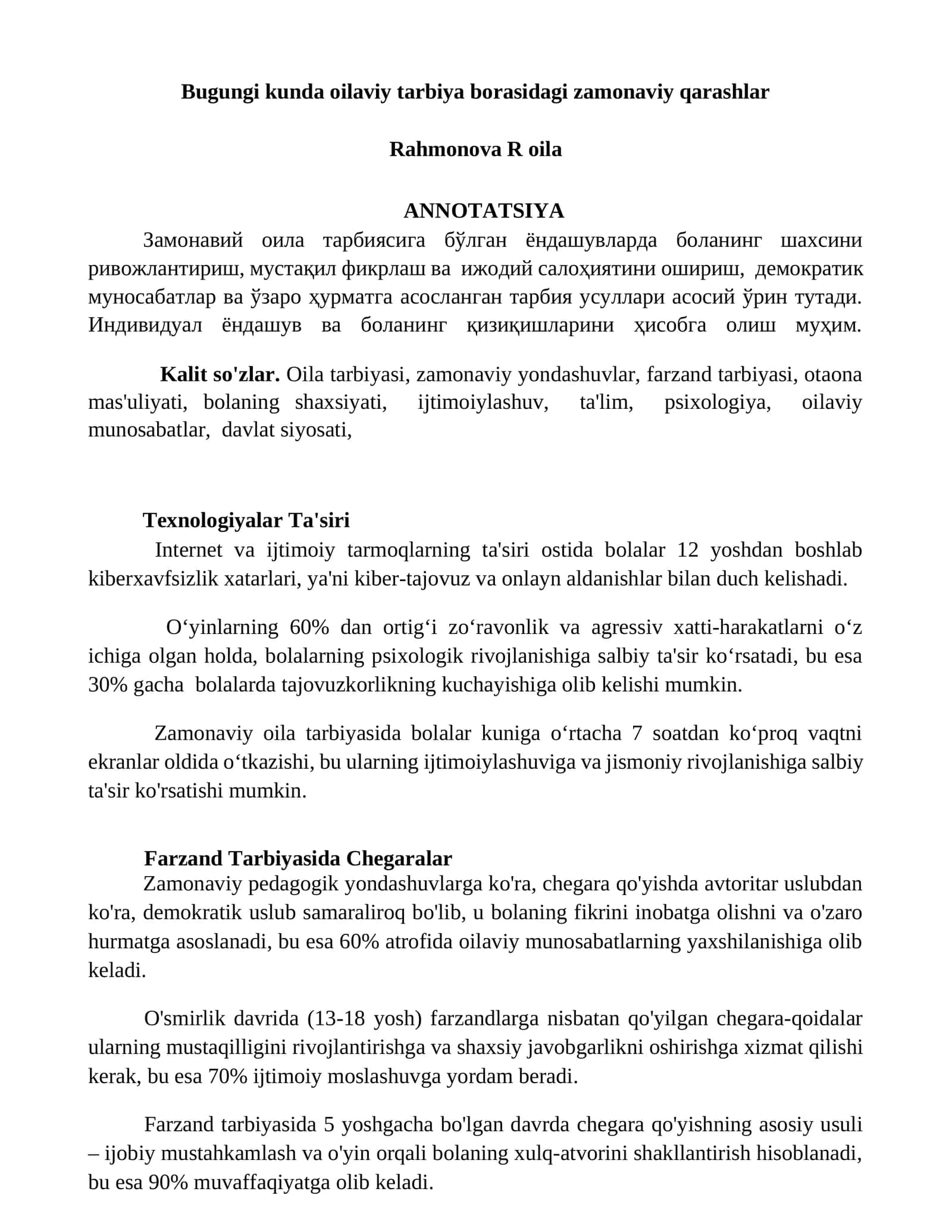 Bugungi kunda oilaviy tarbiya borasidagi zamonaviy qarashlar