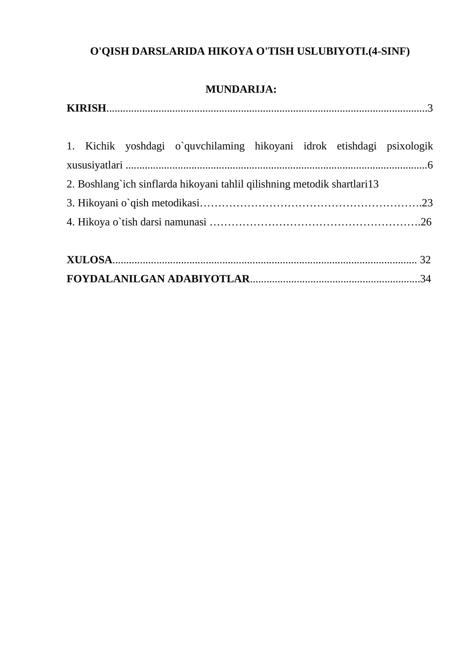 O'QISH DARSLARIDA HIKOYA O'TISH USLUBIYOTI.(4-SINF)