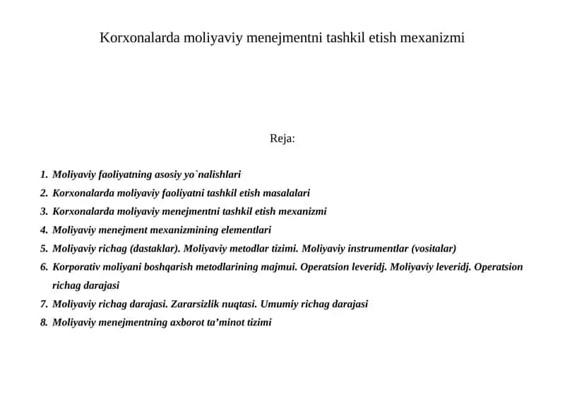 Moliyaviy menejmentni tashkil etish mexanizmi