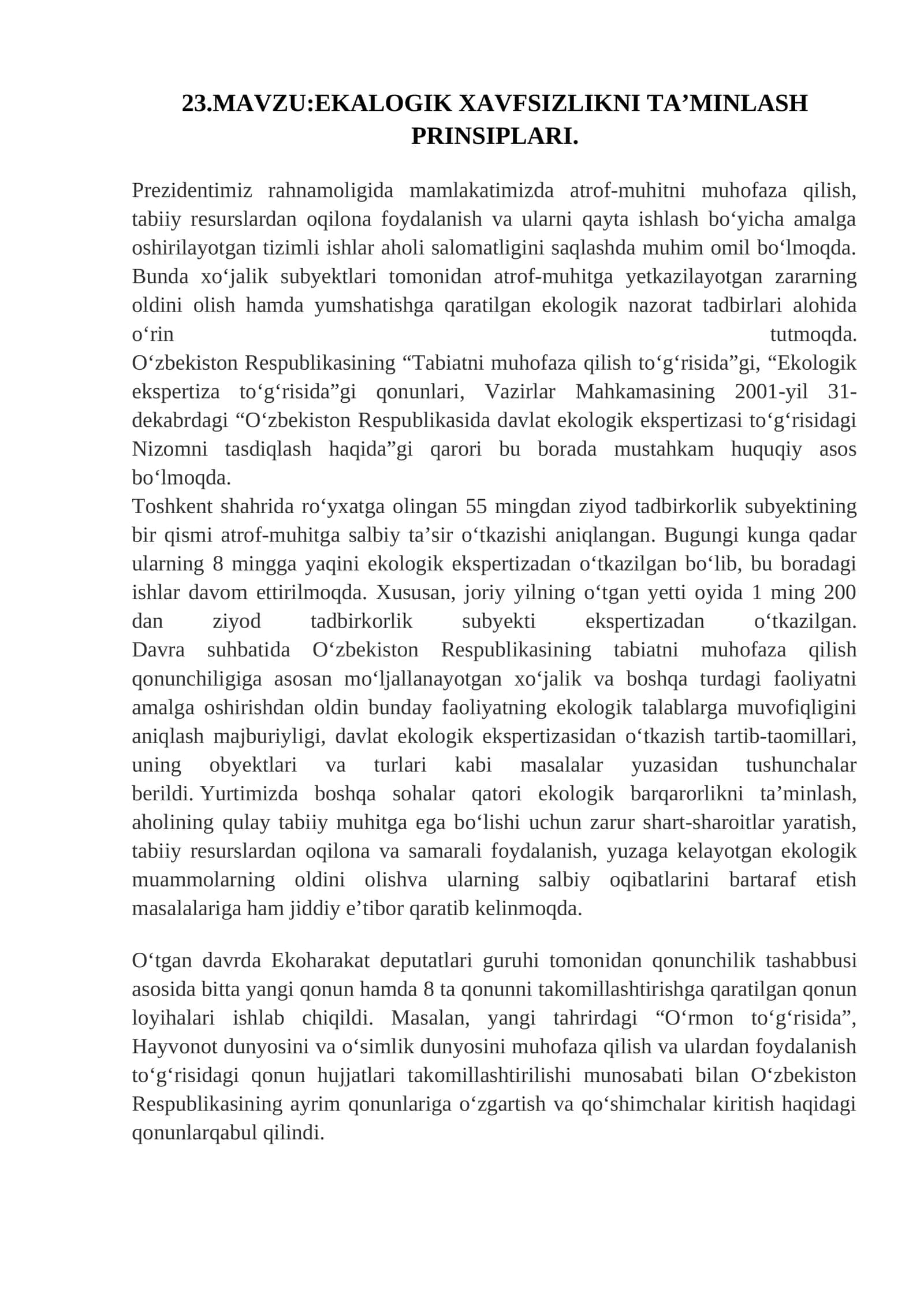 EKALOGIK XAVFSIZLIKNI TA’MINLASH PRINSIPLARI