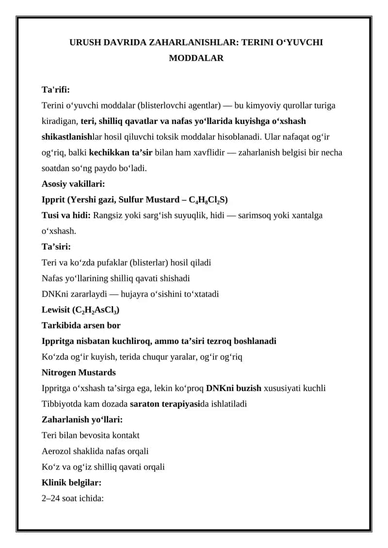 URUSH DAVRIDA ZAHARLANISHLAR: TERINI O‘YUVCHI MODDALAR