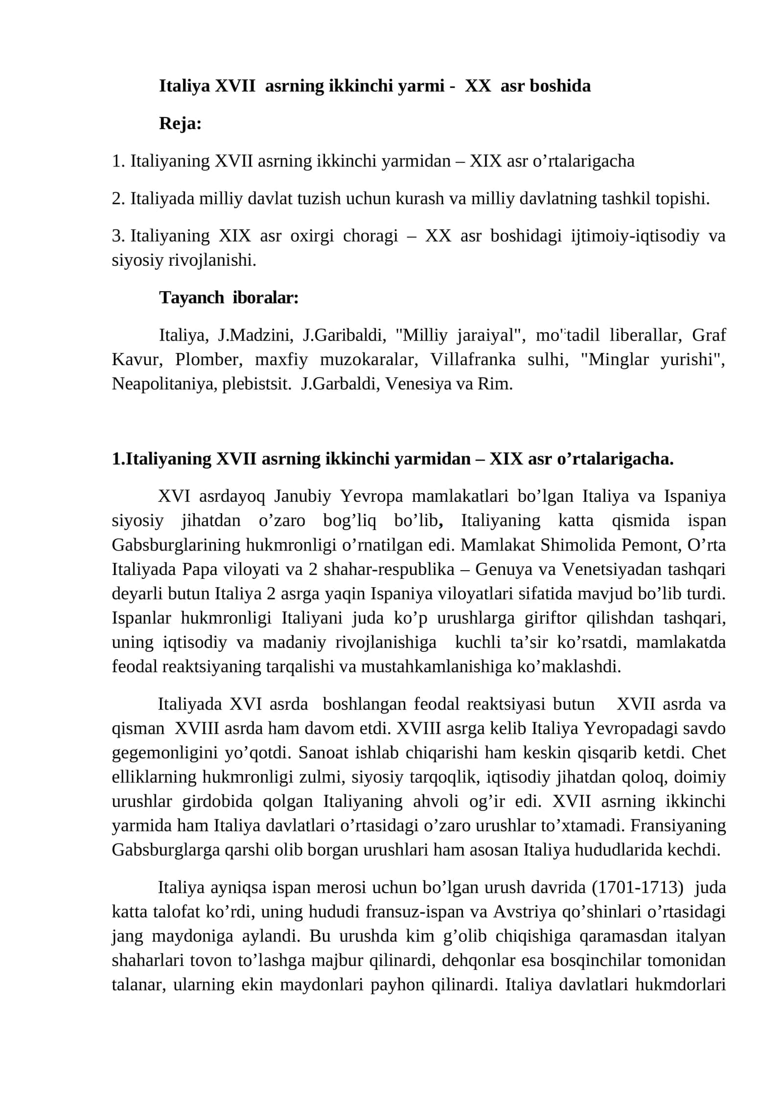 Italiya XVII asrning ikkinchi yarmi - XX asr boshida