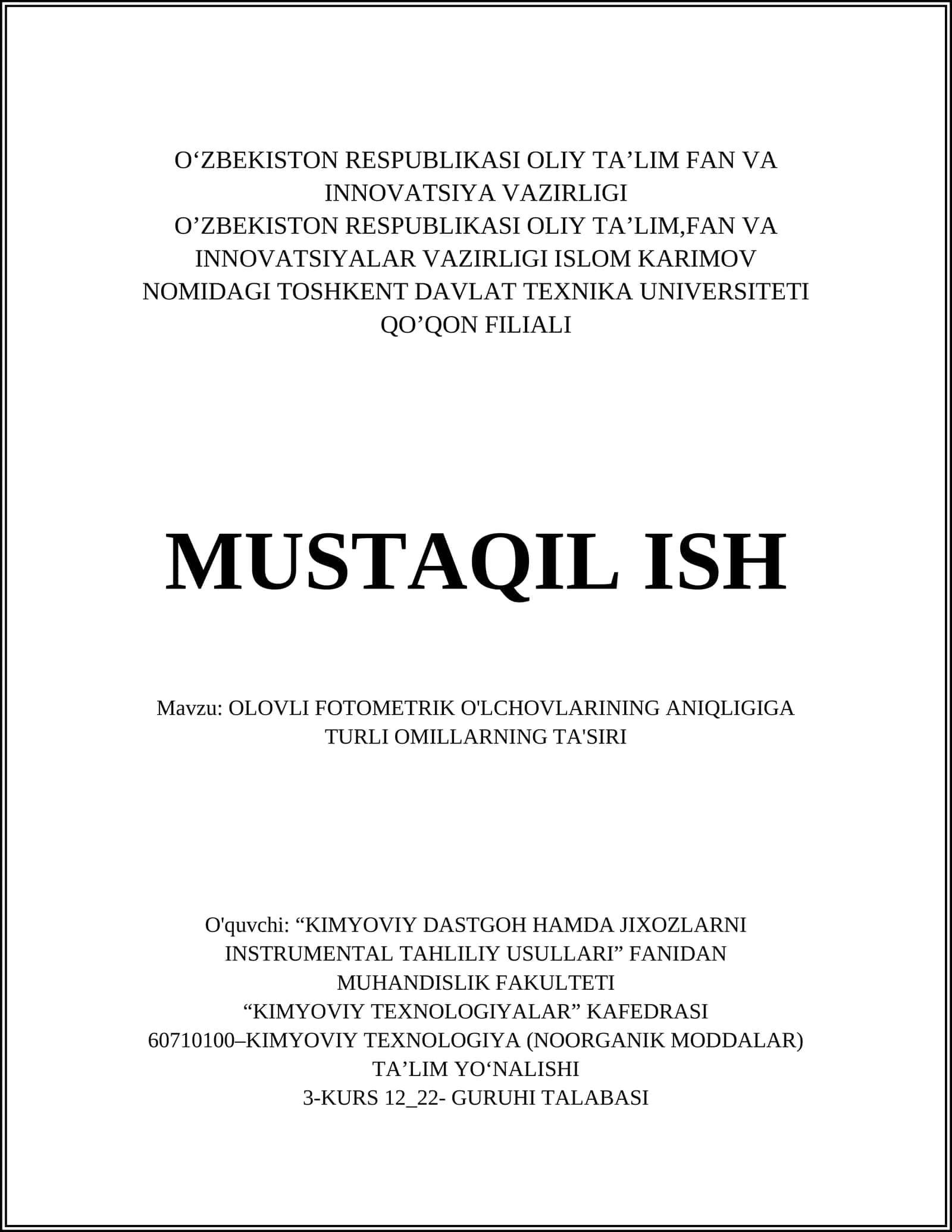 OLOVLI FOTOMETRIK O'LCHOVLARINING ANIQLIGIGA TURLI OMILLARNING TA'SIRI