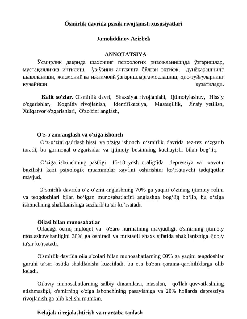 Ŏsmirlik davrida psixik rivojlanish xususiyatlari