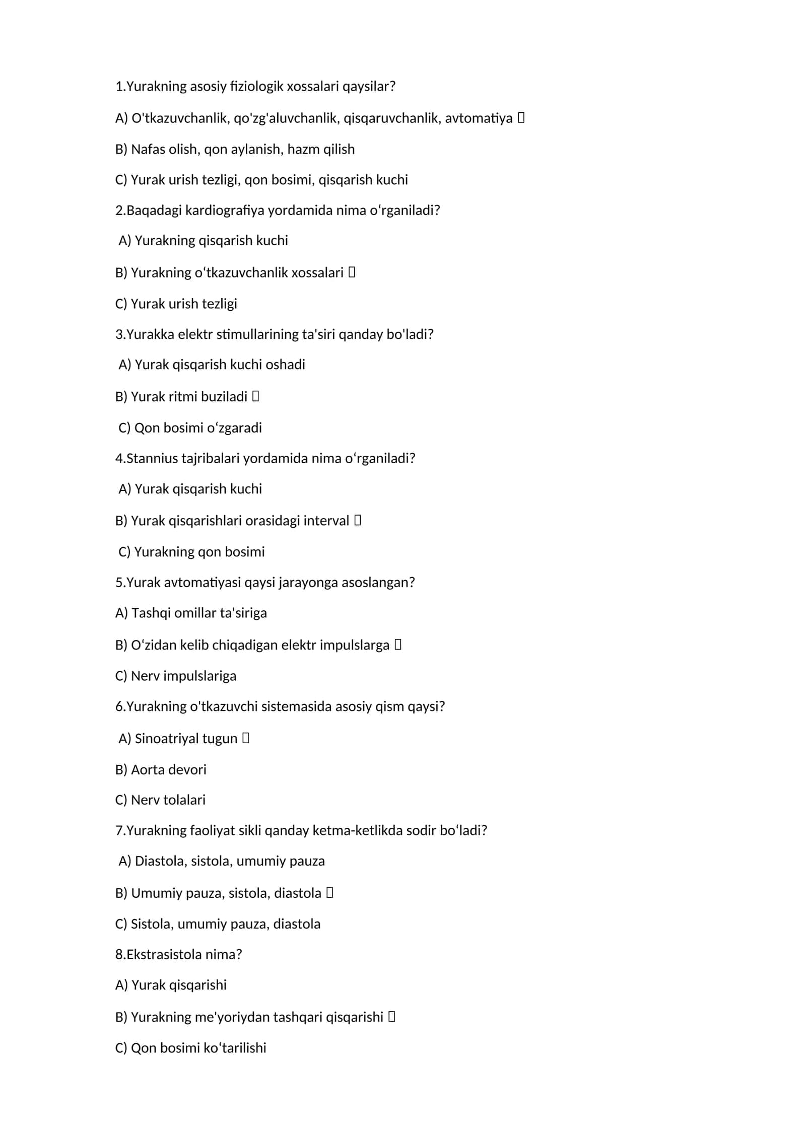 Yurak fiziologiyasi test savollari