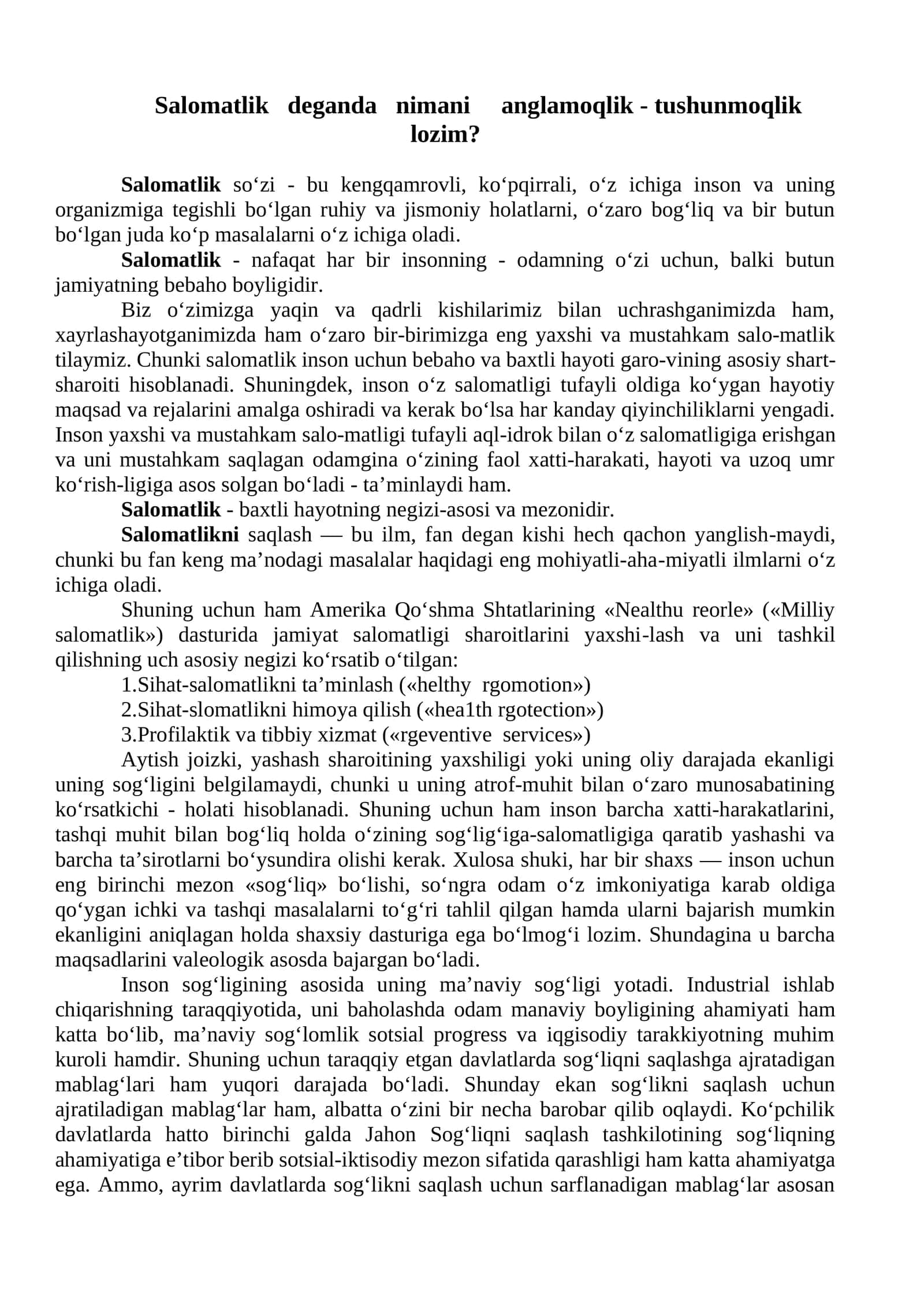 Salomatlik deganda nimani anglamoqlik - tushunmoqlik lozim?