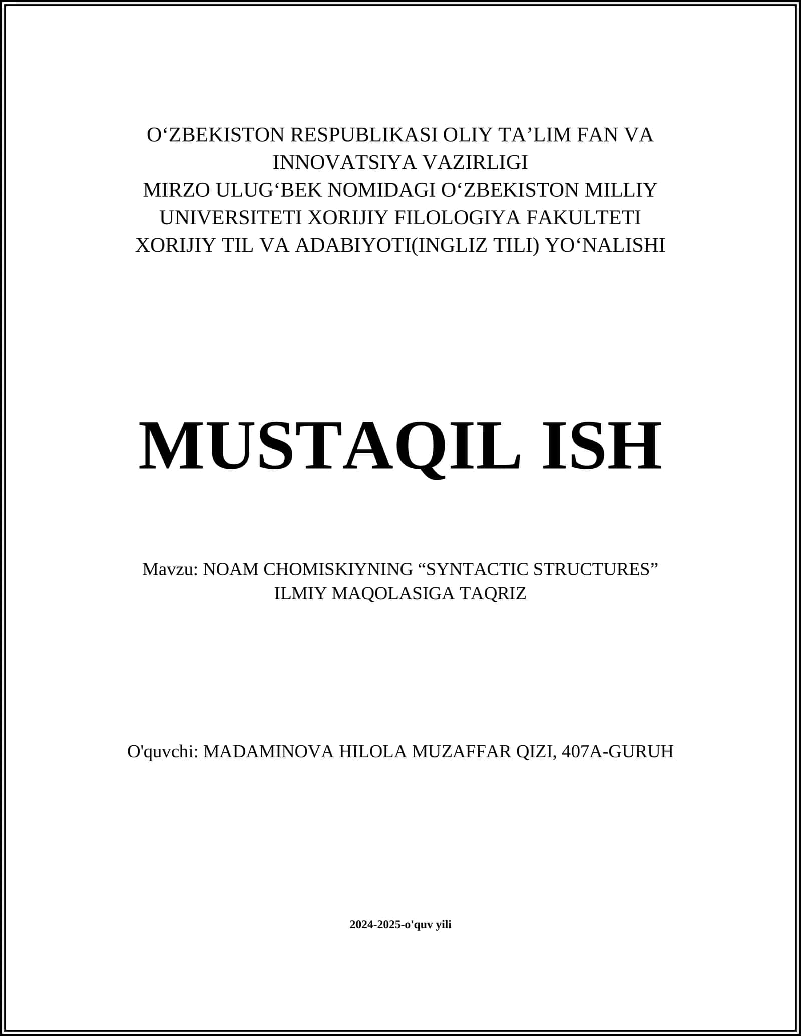 NOAM CHOMISKIYNING “SYNTACTIC STRUCTURES” ILMIY MAQOLASIGA TAQRIZ