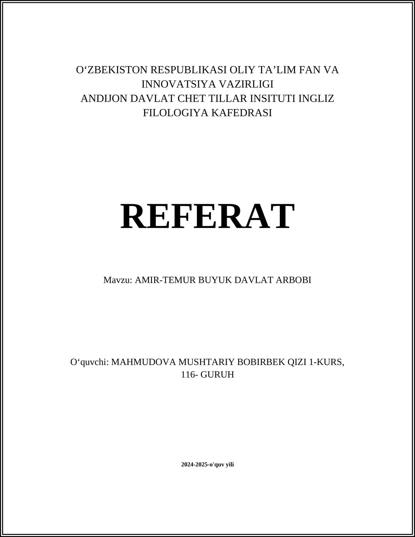 AMIR-TEMUR BUYUK DAVLAT ARBOBI