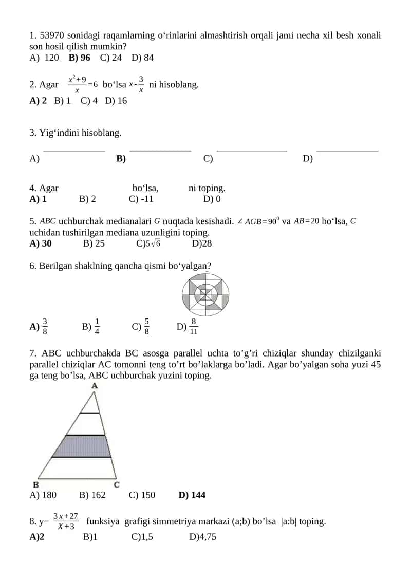 ABC uchburchakda BC asosga parallel uchta to’g’ri chiziqlar