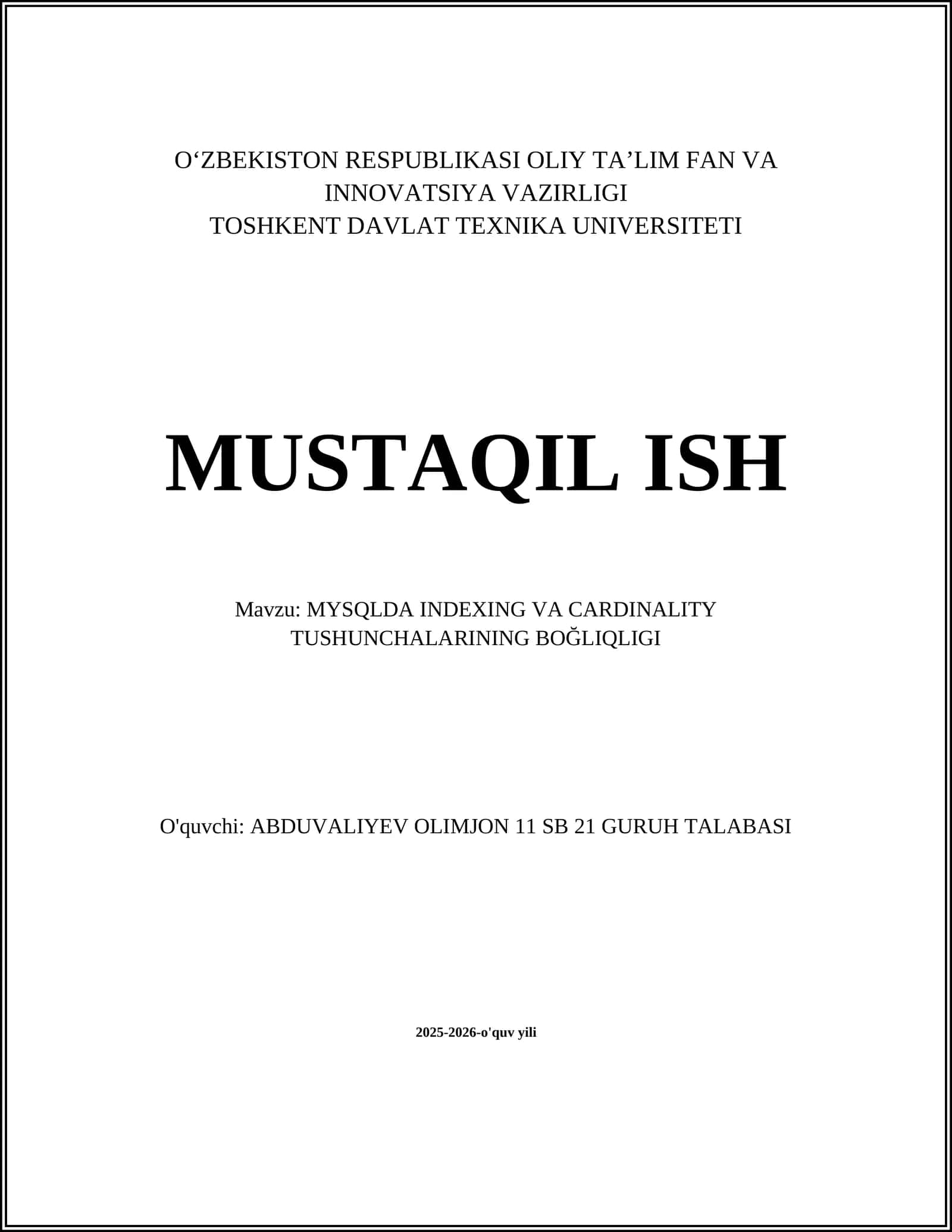 MYSQLDA INDEXING VA CARDINALITY TUSHUNCHALARINING BOĞLIQLIGI
