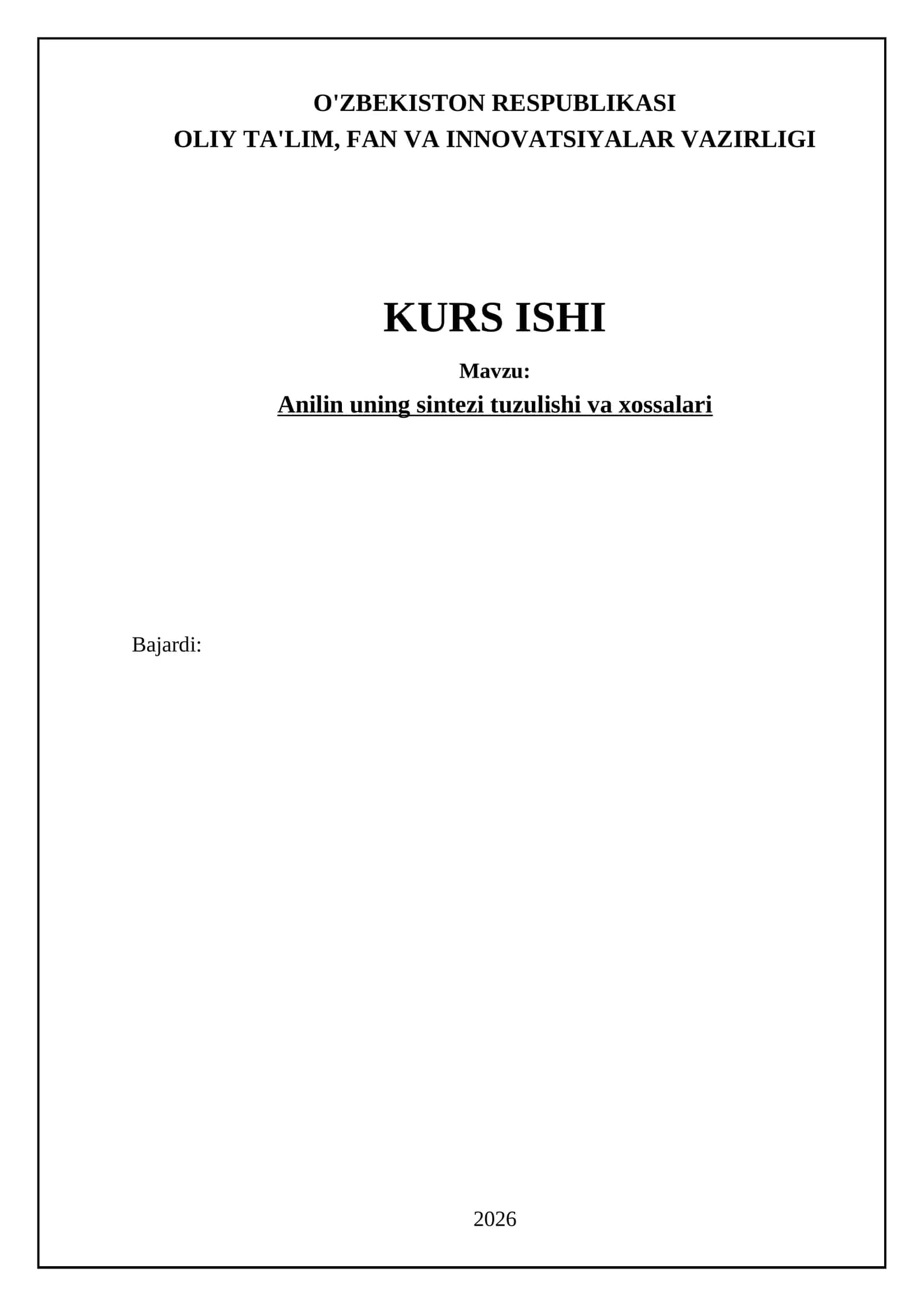 Anilin uning sintezi tuzulishi va xossalari