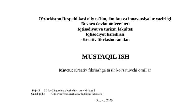 Kreativ fikrlash gata'sir ko'rsatuvchi o'millar