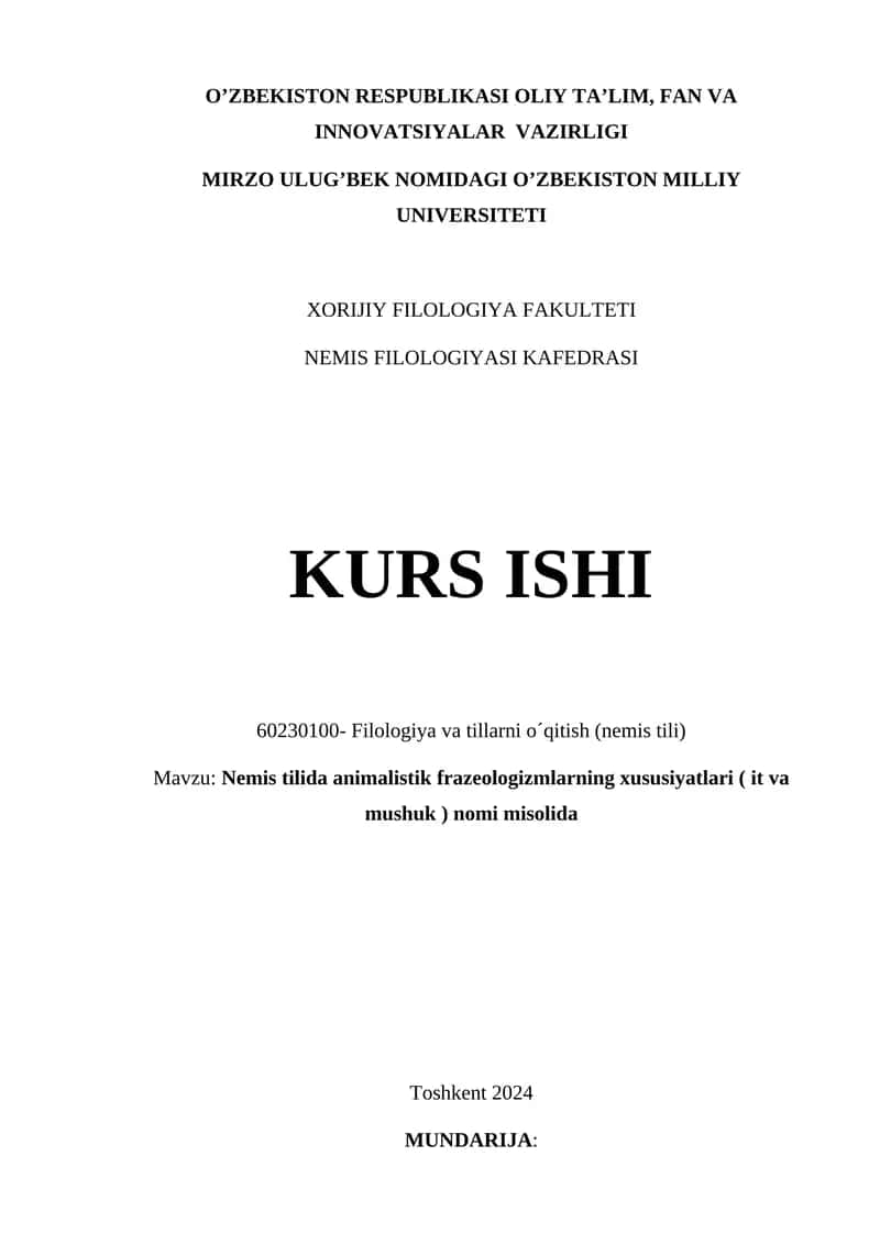 Nemis tilida animalistik frazeologizmlarning xususiyatlari ( it va mushuk ) nomi misolida