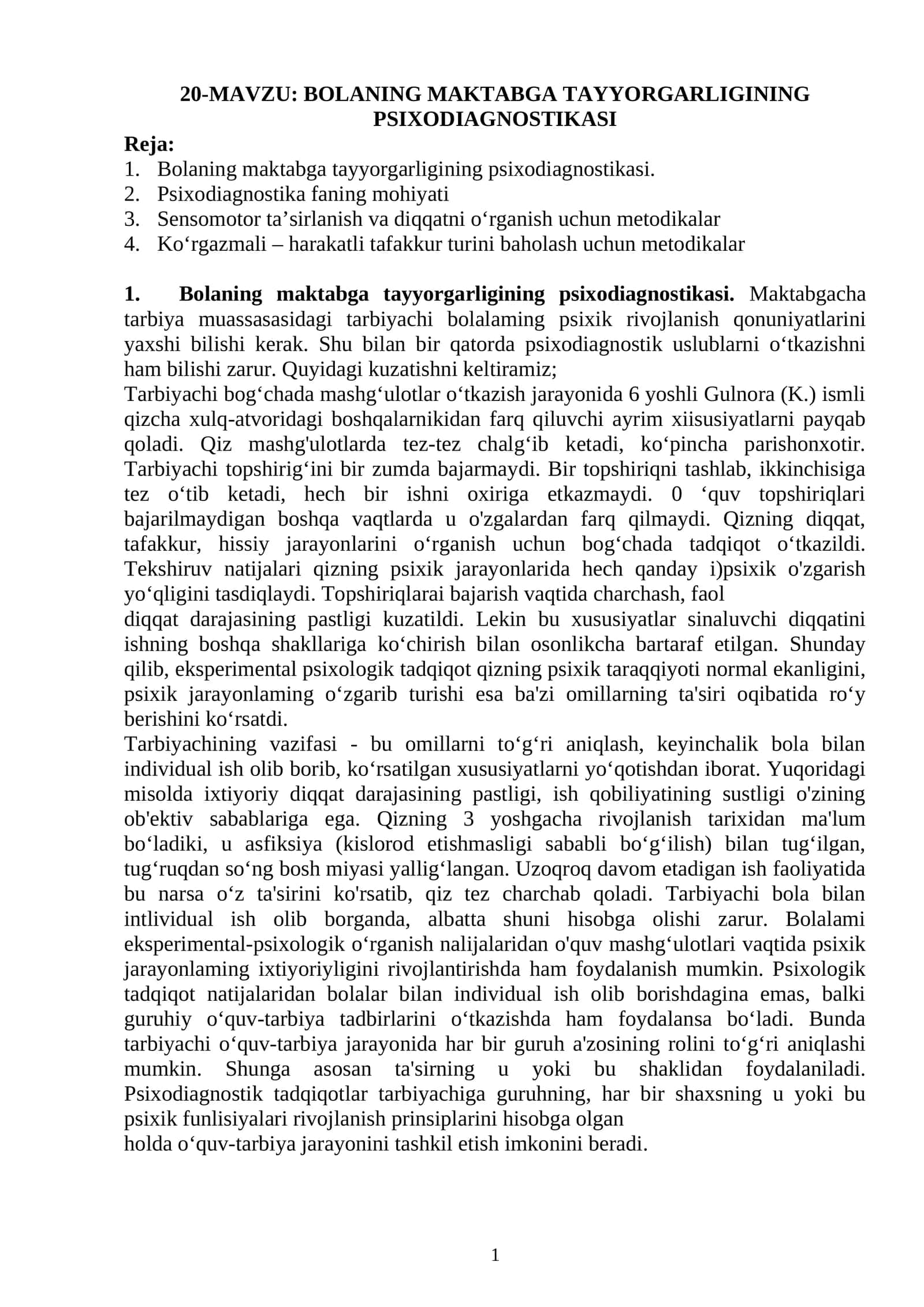BOLANING MAKTABGA TAYYORGARLIGINING PSIXODIAGNOSTIKASI