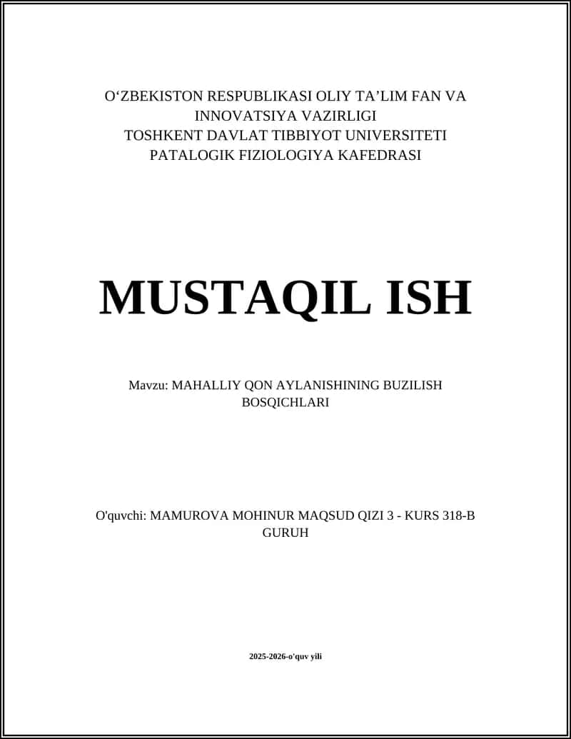 MAHALLIY QON AYLANISHINING BUZILISH BOSQICHLARI