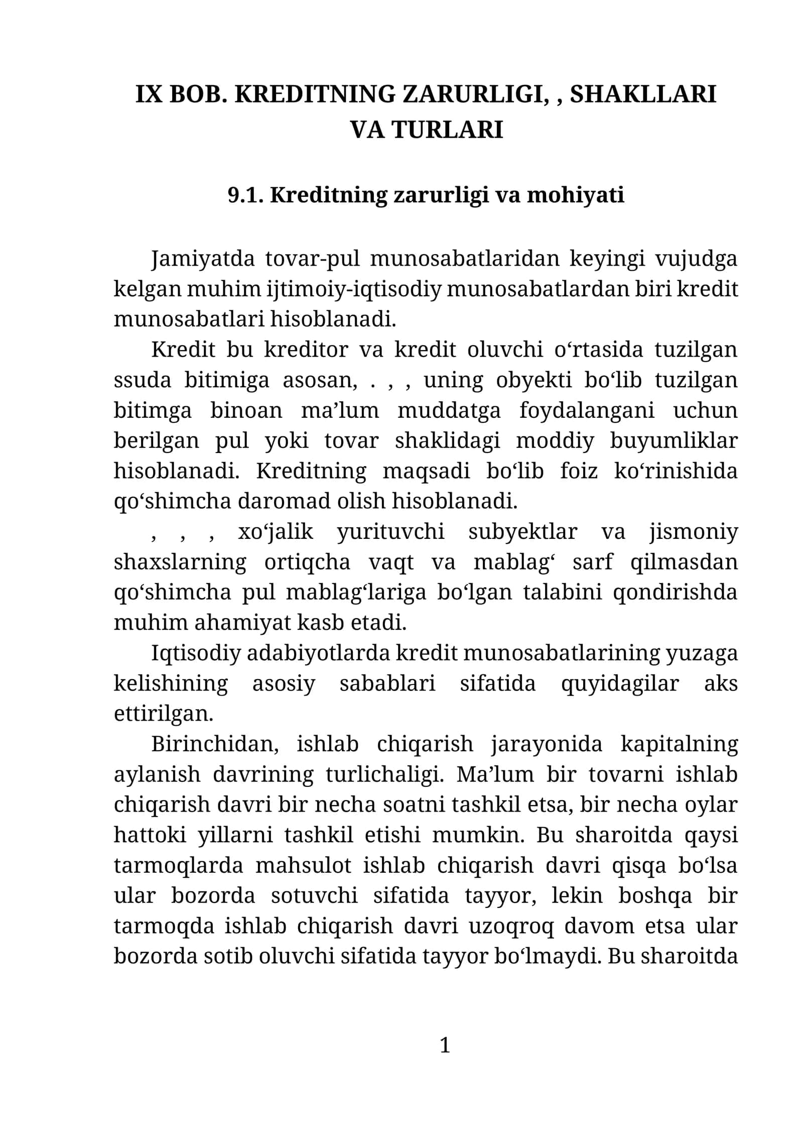 IX BOB. KREDITNING ZARURLIGI,, SHAKLLARI VA TURLARI
