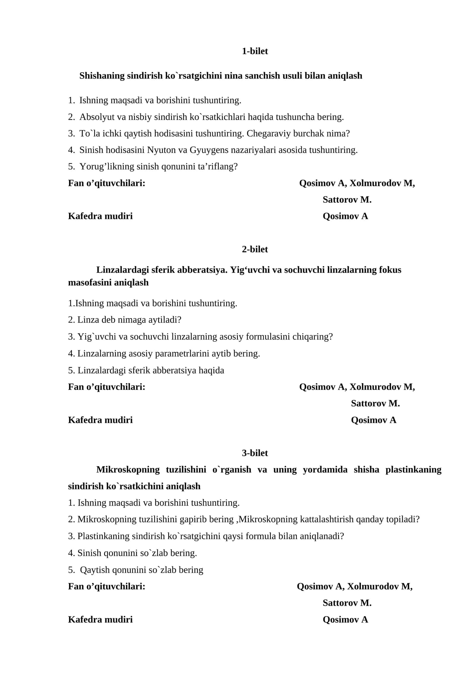 Mikroskopning tuzilishini o`rganish va uning yordamida shisha plastinkaning sindirish ko`rsatkichini aniqlash