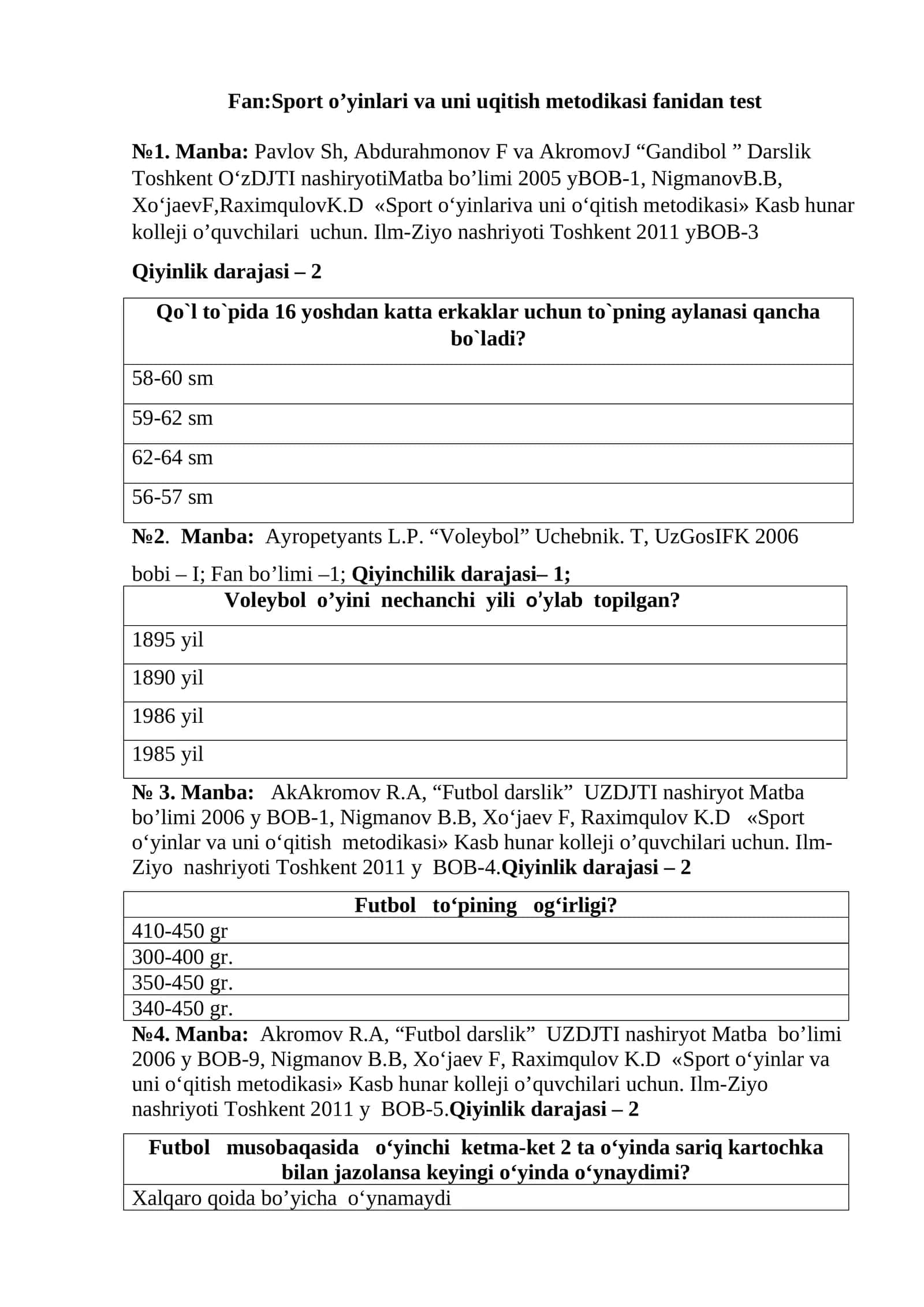 Sport o’yinlari va uni uqitish metodikasi fanidan test