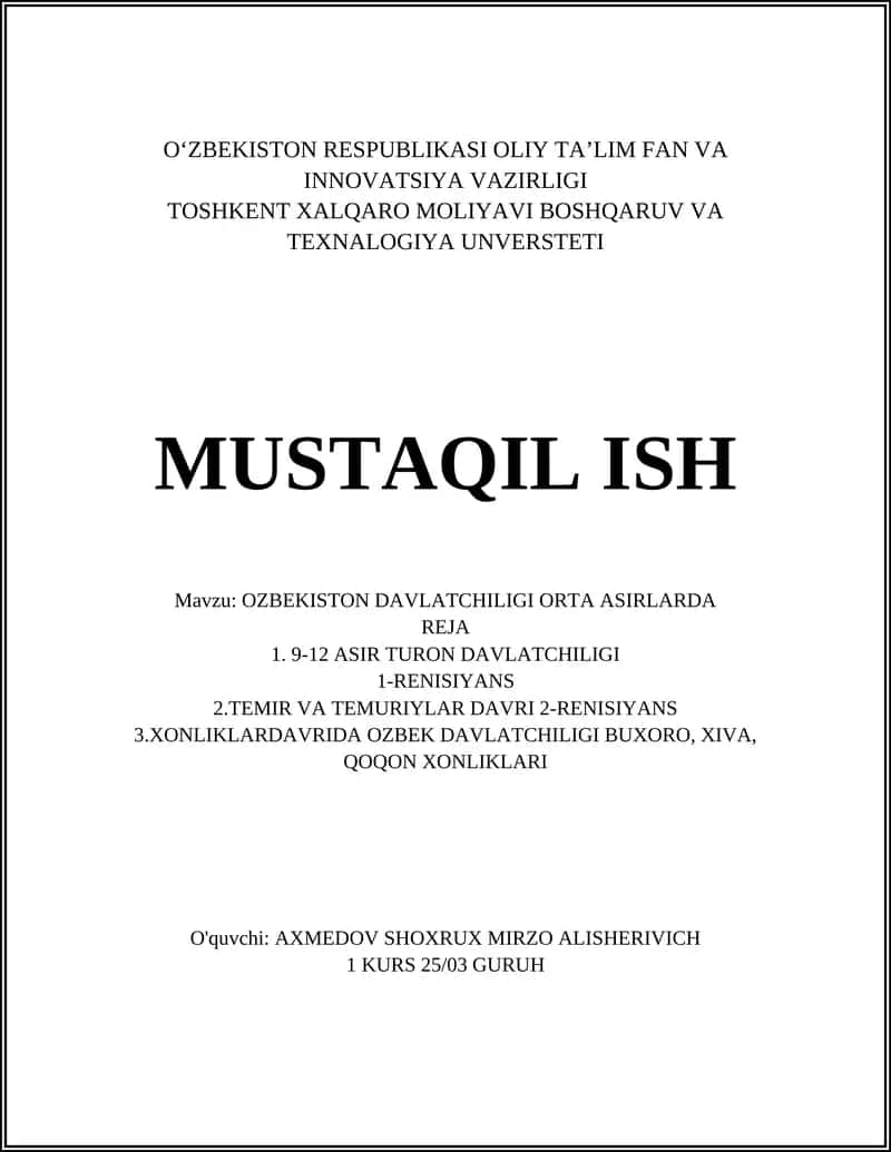 OZBEKISTON DAVLATCHILIGI ORTA ASIRLARDA