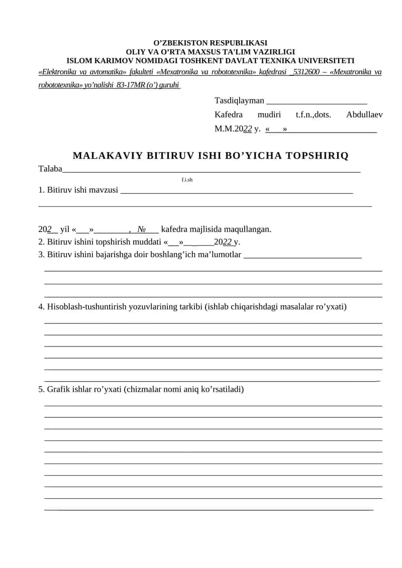 MАLАKАVIY BITIRUV ISHI BOʼYICHА TOPSHIRIQ