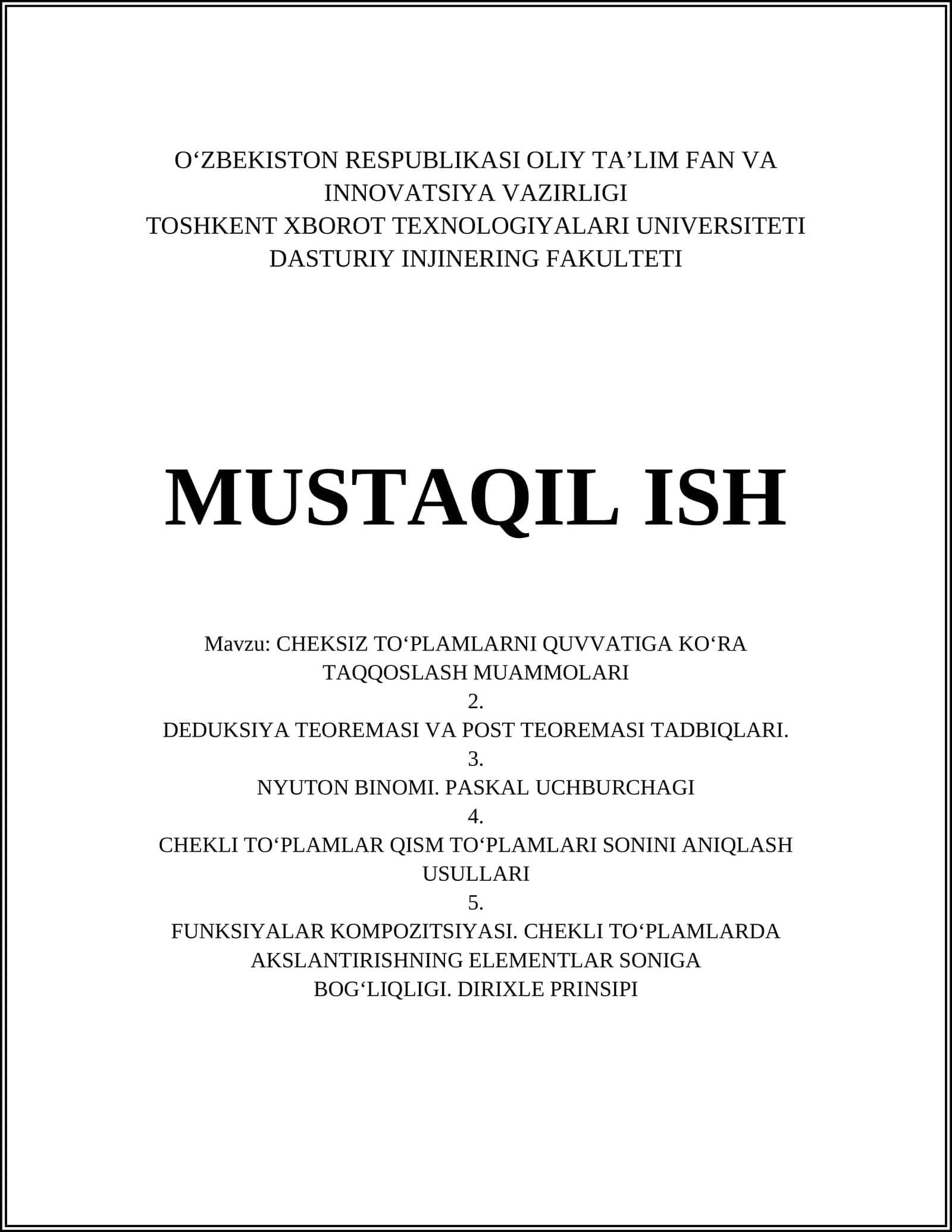 CHEKSIZ TO‘PLAMLARNI QUVVATIGA KO‘RA TAQQOSLASH MUAMMOLARI
