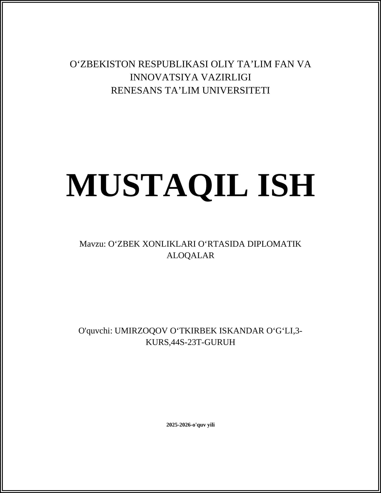 OʻZBEK XONLIKLARI OʻRTASIDA DIPLOMATIK ALOQALAR