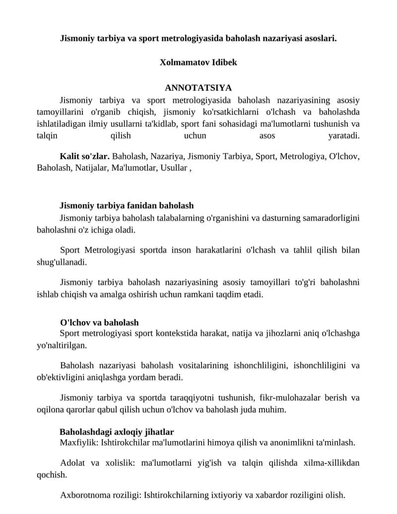 Jismoniy tarbiya va sport metrologiyasida baholash nazariyasi asoslari