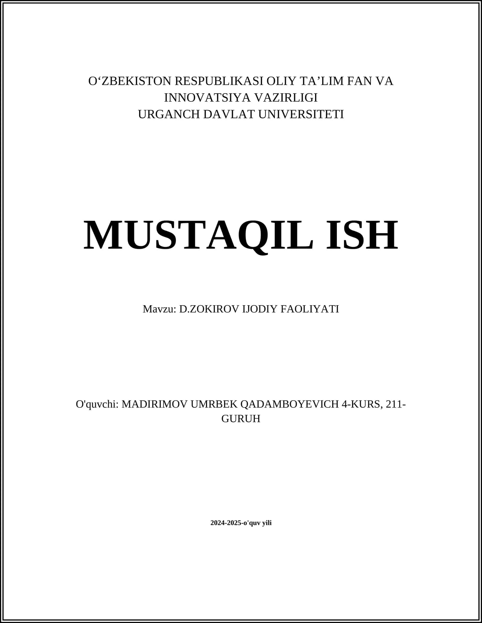 D.ZOKIROV IJODIY FAOLIYATI