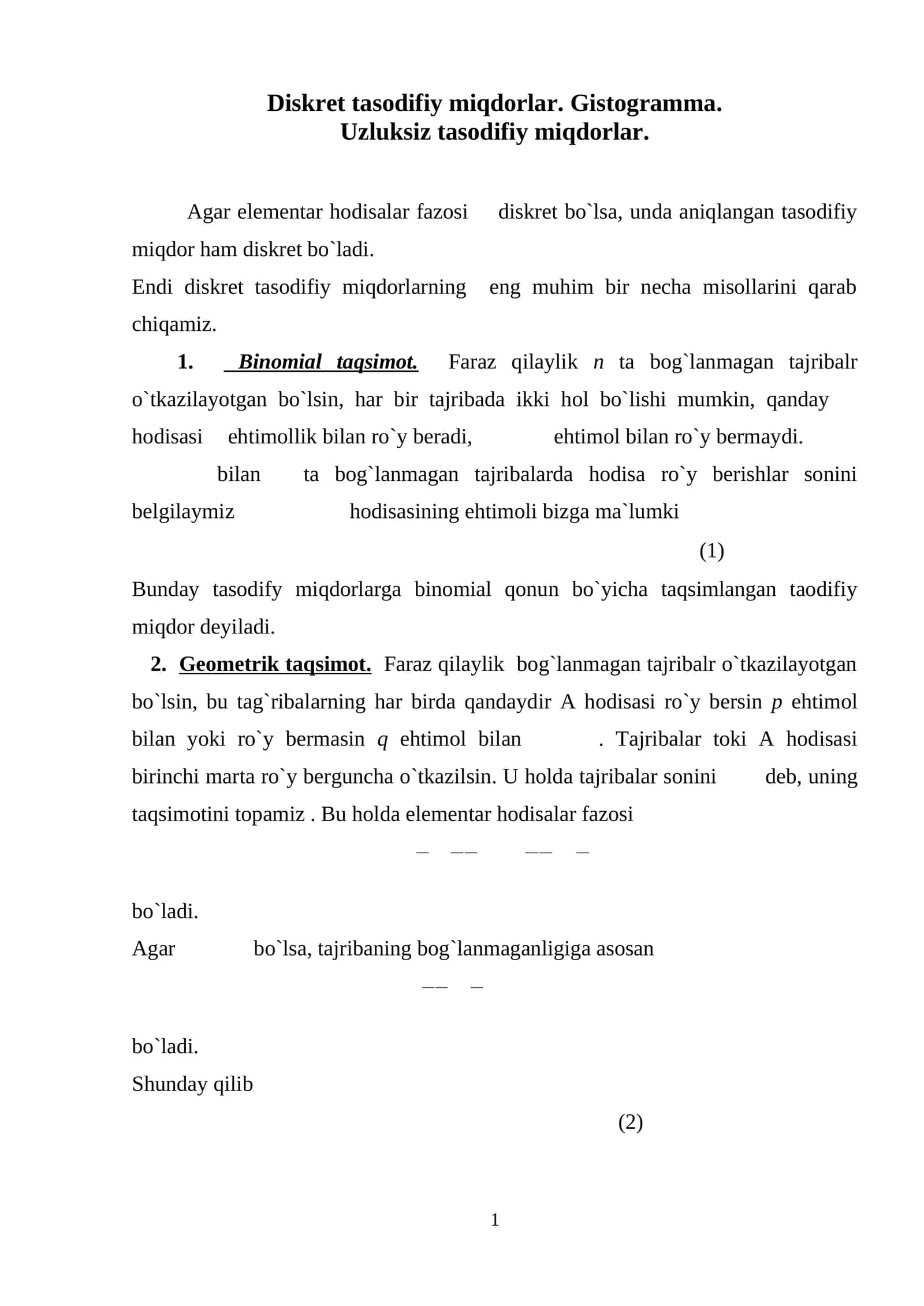 Diskret tasodifiy miqdorlar