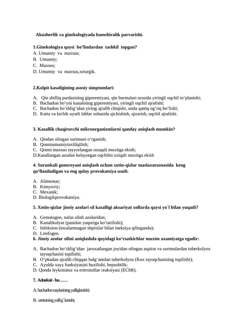 Akusherlik va ginekologiyada hamshiralik parvarishi