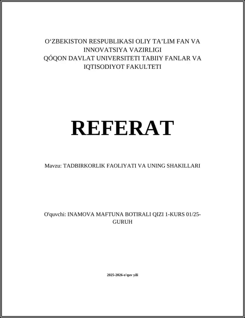 TADBIRKORLIK FAOLIYATI VA UNING SHAKILLARI