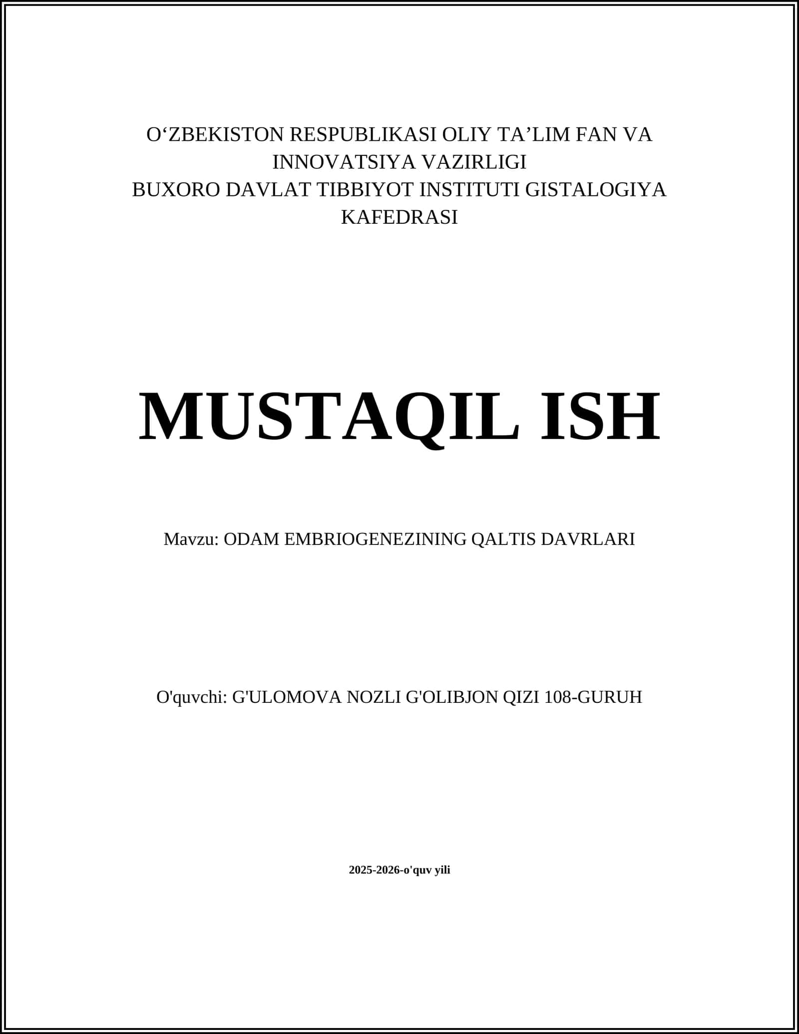 ODAM EMBRIOGENEZINING QALTIS DAVRLARI
